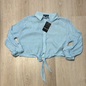 NWT Audrey Lane Juniors Tie-Front Button Down Shirt Cropped w Rolled Cuffs